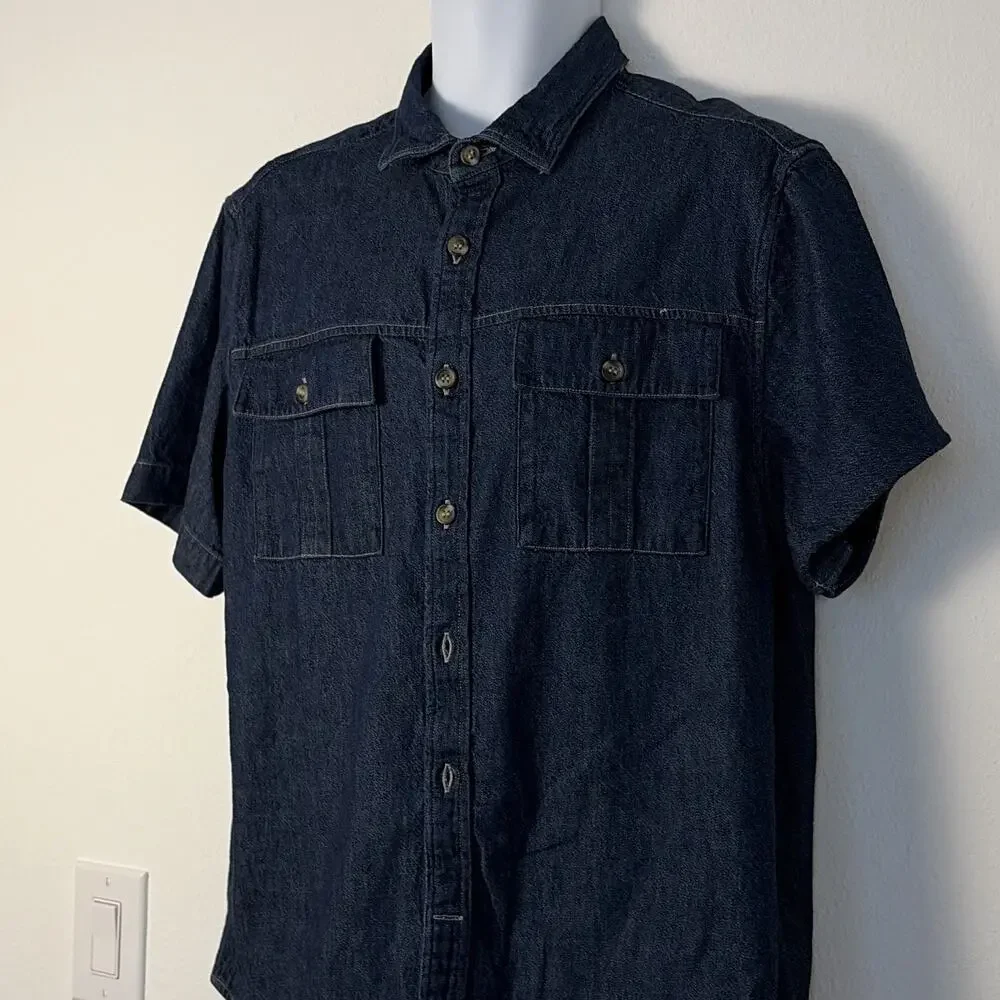 Banana Republic Men’s L Blue Denim Cotton Solid Short Sleeve Button-Up Pockets
